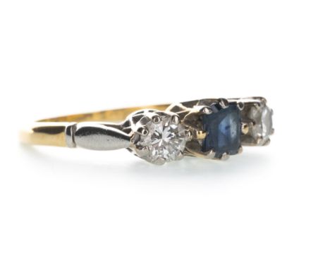 BLUE GEM SET AND MOISSANITE THREE STONE RING, the step cut blue gem flanked by two round moissanites, unmarked, size K 1/2, 2