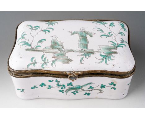 A late 18th Century French Veuve Perrin faience box painted en grisaille with Chinoiserie figures, birds, rockery and foliage