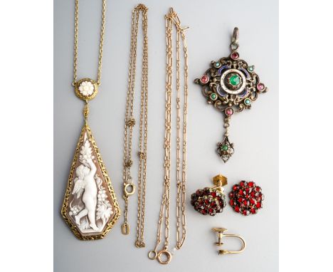 A collection of early 20th century jewellery. To include a shell cameo necklace (stamped 800), an enamel turquoise and paste 
