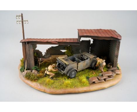 Diorama of German kubelwagen engine maintenance L 10" H 4 1/2" D5"