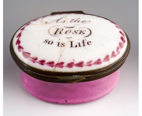 An early 19th Century Staffordshire enamel oval patch box and cover, mauve body, the cover with harebell border and dedicatio