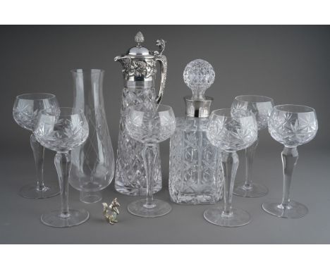 A Victorian style silver plate mounted cut glass claret jug, the mounted chased with grapes together with a moulded glass spi