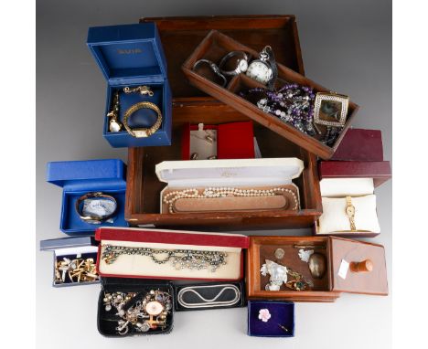 Assorted costume jewellery gilt metal cufflinks, faux pearl necklace, beaded necklaces and watches to include Rotary, Rotary 