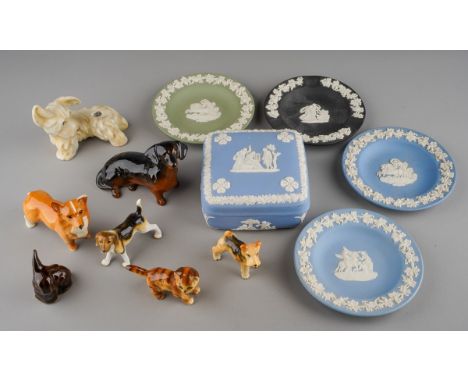 A Wedgwood blue jasparware square dressing table box and cover applied with Classical motifs together with four Wedgwood bon 