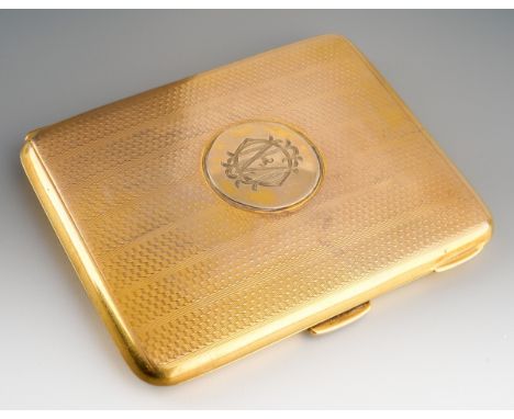 A George V 9ct gold engine turned cigarette case, the central cartouch later with later engraved MO monogram, the interior en