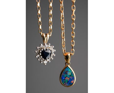 9 ct gold chain with a heart shaped pendant (50 cm long), 9 ct gold chain with 9 ct gold and opal pendant (40 cm long), gross