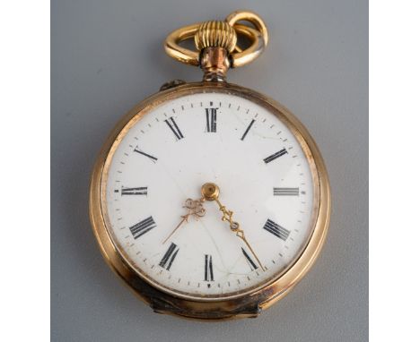 A fob watch. With white enamel dial and black Roman numerals, gilt hands, minute hand with rose cut diamond accent, movement 
