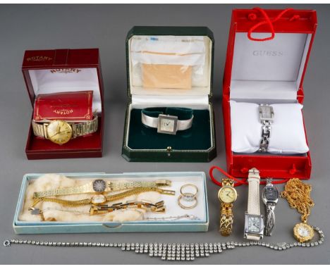 Collection of watches to includes boxed men's vintage Rotary, silver ladies watch, Guess watch and others together with a sel
