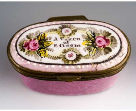 An early 19th Century Staffordshire enamel oval patch box, the cover paitnd with pink rosed and flowers and central message A