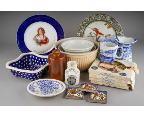 Three boxes of assorted vintage and modern kitchen ceramics, Spode blue and white mugs, Bournvita mug, Quimper style tiles, S