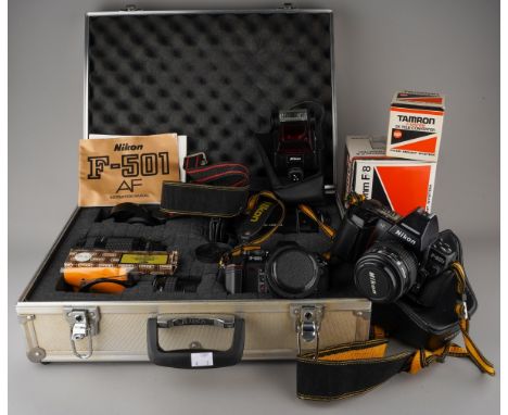 Collection of cameras and lenses to include Nikon F-801S., Nikon flash, boxed Tamron lenses, with camera case holding Nikon F
