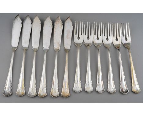 A set of six early 20th Century German 800 Standard silver fish knives and forks, engraved initial K., stamped by Heimerdinge