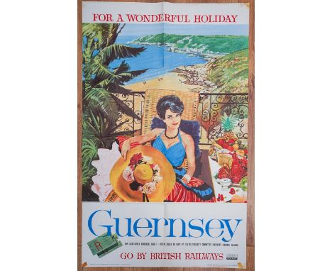 A vintage, circa 1960s, Southern British Railways Travel Poster for GUERNSEY "FOR A WONDERFUL HOLIDAY"., depicting a Lady sea