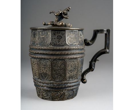 An Ottoman Empire silver barrel shaped cup (Sahlep) and cover, the entire profusely decorated with panels of Egyptian Gods, A