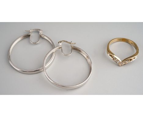 A pair of 9ct white gold hoop earrings, diameter 33cm, 2.8 grams, together with an 18ct yellow gold wishbone ring, no stones,