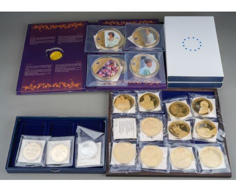 Windsor Mint: Diana, Portrait of a Princess, a set of four gold plated pictorial large coins and a set of twelve Elizabeth II