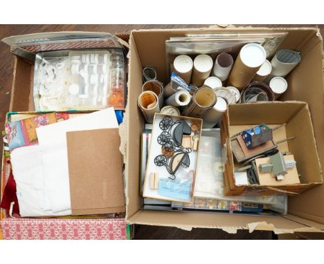 Dolls House Interest: Two boxes of dolls house making items, including fabric, wallpaper, floor tile sheets, beads, prams. fo
