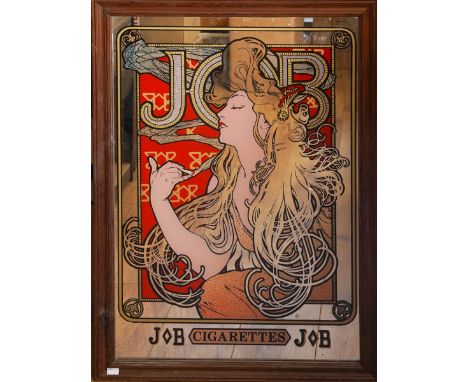 after Alphonse Mucha, a vintage JOB Cigarettes advertising mirror, the plate circa 80 x 54cm, framed [1]