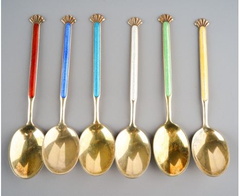 A set of six Norwegian 925 silver gilt and enamel coffee spoons, Harlequin, stamped to reverse, approx 38.1 grams [6]
