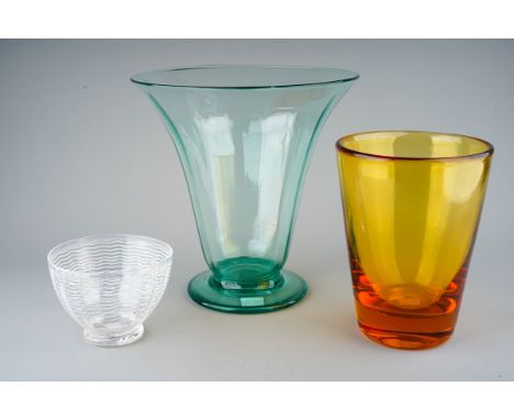 A 20th Century green large trumpet shaped vase, 27cm high together with an amber glass vase possibly Czech, 21cm high and 195