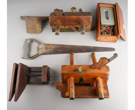 A collection of vintage wooden planes, tools, drill parts etc (1 box - Q)