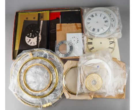 Assorted collection of new and used clock dials, chapter rings, paper dials, glass etc (1 box - Q)
