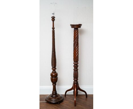 An oak standard lamp and a reproduction mahogany torchere, both with twist stems [2]