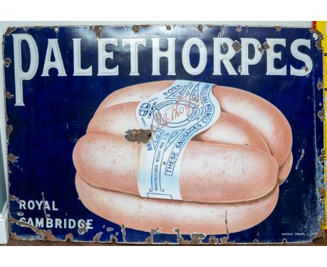 Advertising Interest: A Palethorpes' Royal Cambridge  pictorial enamel sign, advertising a link of sausages in wrapper on a d