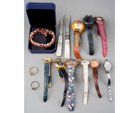 A collection of vintage ladies watches to include three Tissot stone face watches, together with silver and mother of pearl f