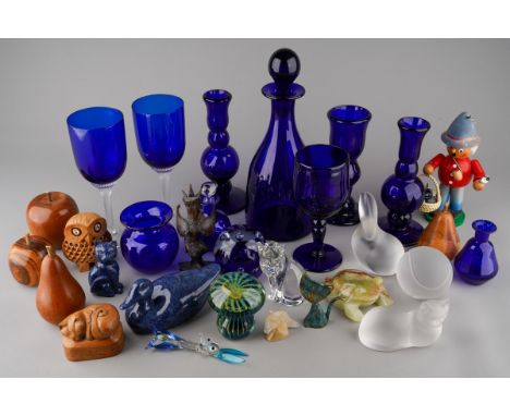 Collection of blue glass to include decanter and stopper, a pair of knopped candlesticks, two scent bottles and covers, two v