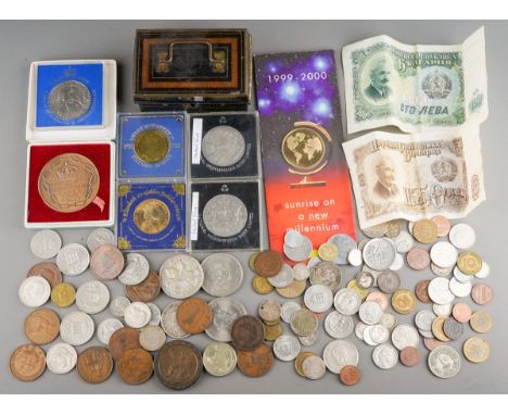 UK, Commonwealth and Foreign Coins to include: George III 1797 token; Victorian crown 1887 (worn); George V 1935 Crown and 19