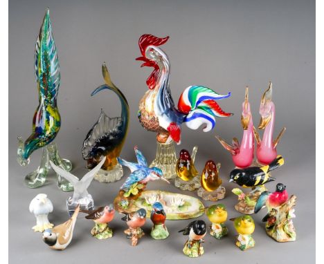 A collection of second half 20th century glass and ceramic models of birds, including Murano style cockerels, Beswick garden 