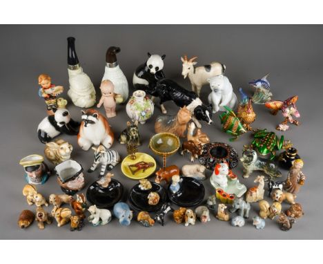 A box of Wade Whimisies, Beswick animals and other ceramics, mostly animal themed, includes Disney characters, Lomonosov bear
