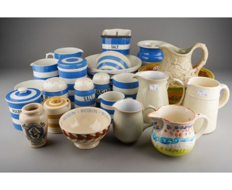 Fourteen pieces of T.G. Green Cornishware, including flour dredger, sugar sifter, salt pot with wooden cover, marmalade pot a