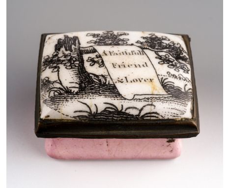 A late 18th Century Staffordshire enamel bombe shaped patch box, the cover transfer printed with tree stump supporting a bann