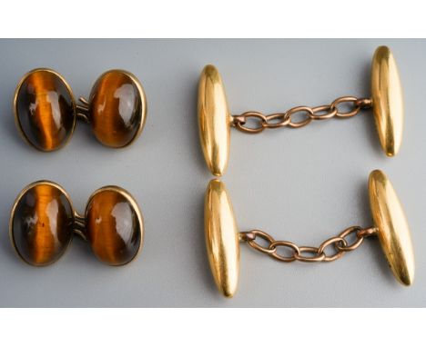 Two pairs of cufflinks. To include a pair of mid 20th century tigers eye cufflinks, together with a pair of cufflinks with ho