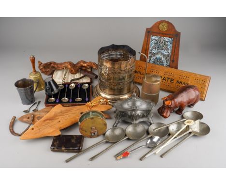 A box of treen and metal collectables, etc, including a set of pewter spoons, a Wills Pirate Shag cribbage board, an Arts and