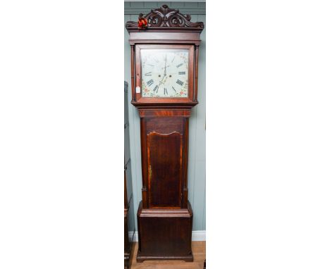 A late Georgian oak and mahogany longcase clock, later pierced cresting, Doric columns to sides of dial door, painted dial wi