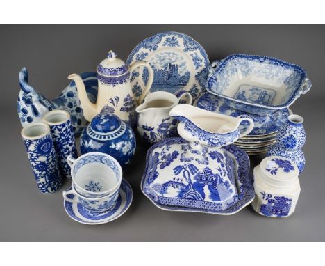 Four boxes of late 19th and 20th century blue and white ceramics, the majority British with some modern Chinese and Japanese 