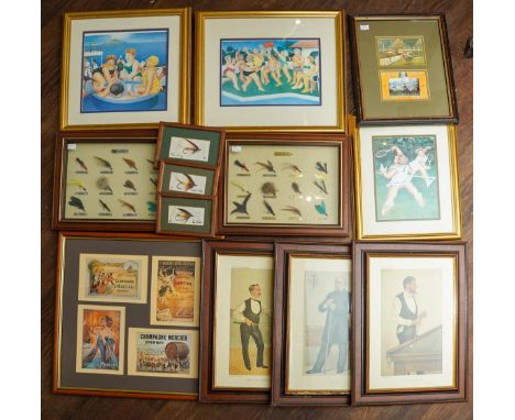 A group of assorted framed 20th century prints and wall art, including three open edition Beryl Cook prints, five frames of f