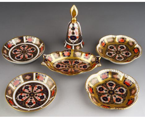 Royal Crown Derby 1128 Imari to include: a bell, a matched pair of scalloped bon bon dishes, a pair of circular bon bon/ trin