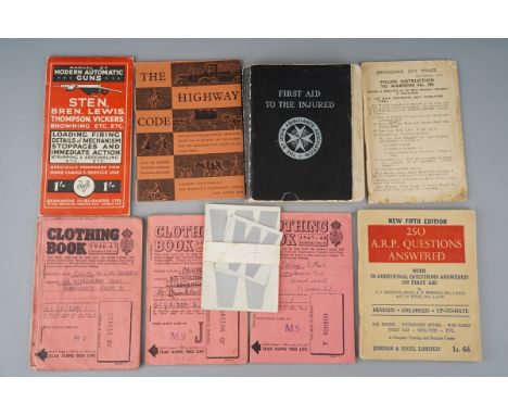 1940s Post WWII booklets etc including various 1946-48 Childs Clothing Books some with coupons, The Highway Code, a Manual of