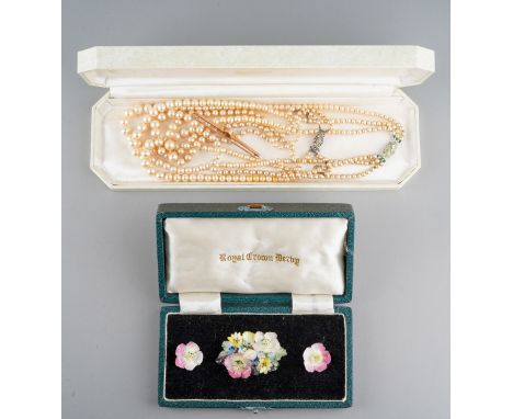 A 9ct gold amethyst set bar brooch, gross weight approx 3.8 grams together with two faux necklaces with silver clasps and a v