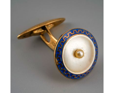 A seed pearl and enamel single cufflink. Stamped 585, gross weight 2.94 grams.