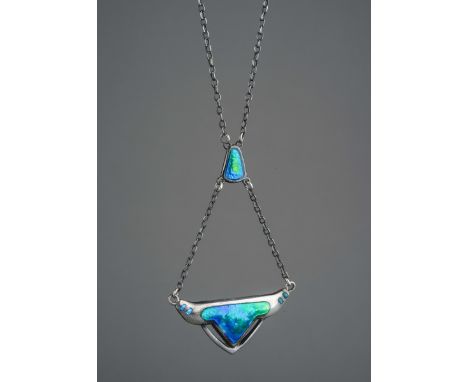 Charles Horner silver and blue peacock enamel necklace and chain. Marked C.H. and full silver hallmarks for Chester, approx w