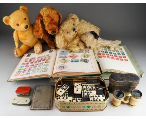 Bone deminoes, stamps, opera glass, vintage soft toys, EP cigarette case, etc