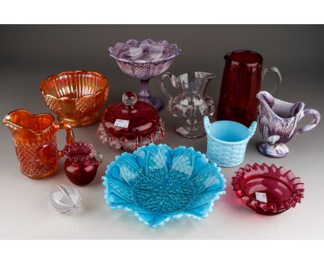 A group of Victorian and early 20th Century glassware to include pressed various jugs, cranberry glass dish and cover etc.