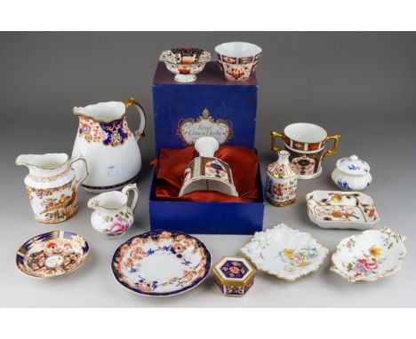A collection of assorted 19th and 20th Derby and Royal Crown Derby, including a boxed Imari 1128 bell, a small twin handled l