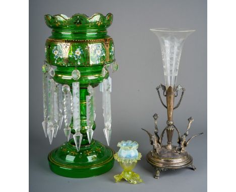 A late Victorian silver plated and clear glass single trumpet shaped vase epergne, height 34cm, together with a small vaselin