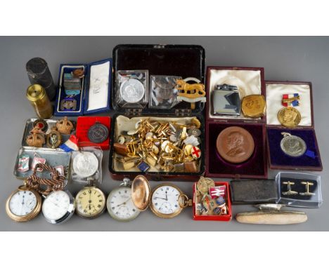 Mixed lot of collectables including medallions, military badges, cufflinks, pocket watches, etc.